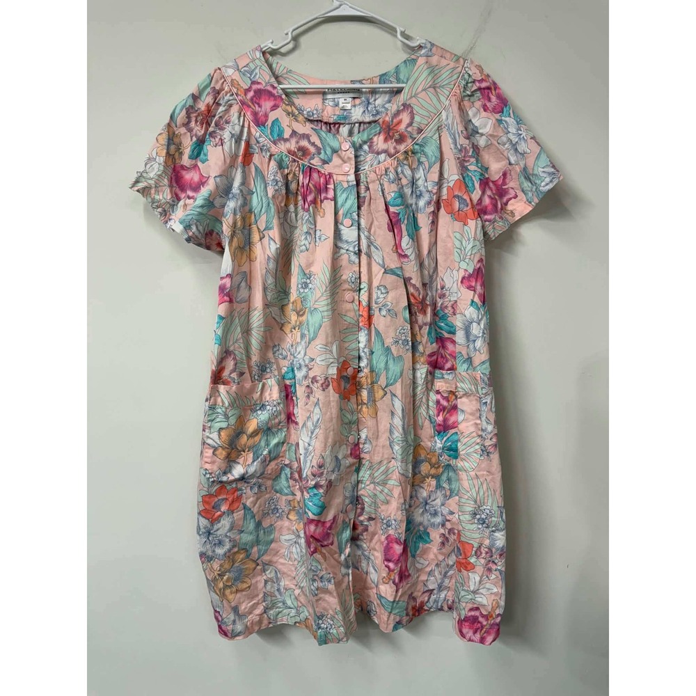 Vtg Miss Elaine‎ Womans 3x Pink Tropical Floral Cotton Snap Front House Dress